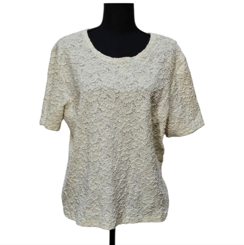 Kathie Lee Cream Floral Paisley Embroidered Top 71% Nylon 24% Poly Spand Sz XL
